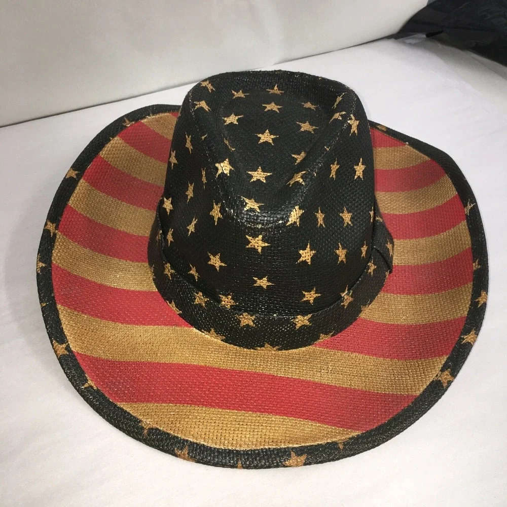 American Flag Cowboy Hat,Striped Western Tea-Stained USA Shape-It Brim